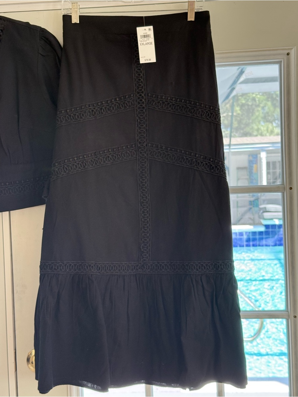 INC International Concepts Black V-Neck Crochet Trim Maxi Skirt Set - NWT